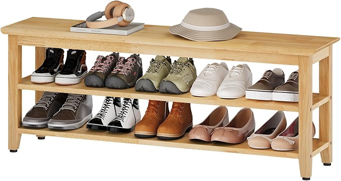 Wood Shoe Bench for Entryway,Bench with Shoe Rack,Storage Shoe Organizer for Hallway,Living Room,Bedroom (Natural, 47.24''W×11.81‘’D×17.71‘’H)