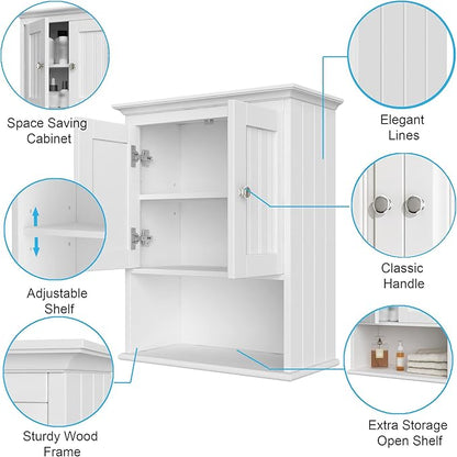 Treocho Wood Wall Cabinet, Bathroom Medicine Cabinet Storage with Doors and Adjustable Shelf, Rustic Cabinet Wall Mounted for Bathroom, Livingroom, Kitchen, Cupboard, White