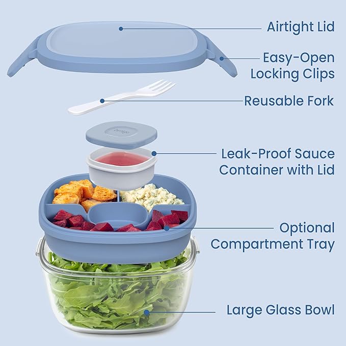 Bentgo Glass Salad Container - 7.6-Cup Salad Bowl with Airtight Lid, Leak-Proof Sauce Container, 4-Compartment Bento Tray & Reusable Fork - BPA-Free for Meal Prep, Office & More (Light Blue)