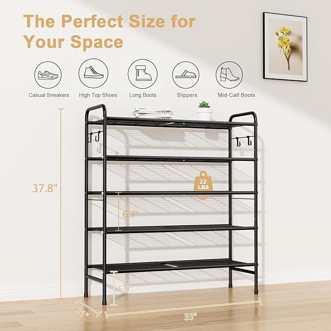 5 Tier Shoe Rack 33" Wide Metal Shoe Organizer Long Shoe Storage with 4 Side Hooks Sturdy Shoes Shelf for Closet, Front Door Entrance, Garage, Dorm, Black