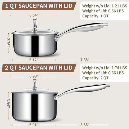 EWFEN 3 Ply Stainless Steel Sauce Pan Set with Lids, 1 & 2 Quart Multipurpose Cooking Pot, Stay-Cool Handle, Induction Oven Dishwasher Safe, 1QT & 2QT