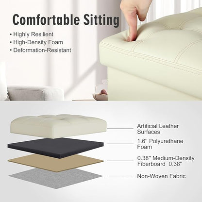 Ottoman with Storage, Slim Tall Foot Rest Stool with Thicker Foam Padded Seat. Folding Leather Storage Ottoman Furniture with Handles & Side Pocket for Living Room Bedroom 350 lbs, 17x13x17in, Beige