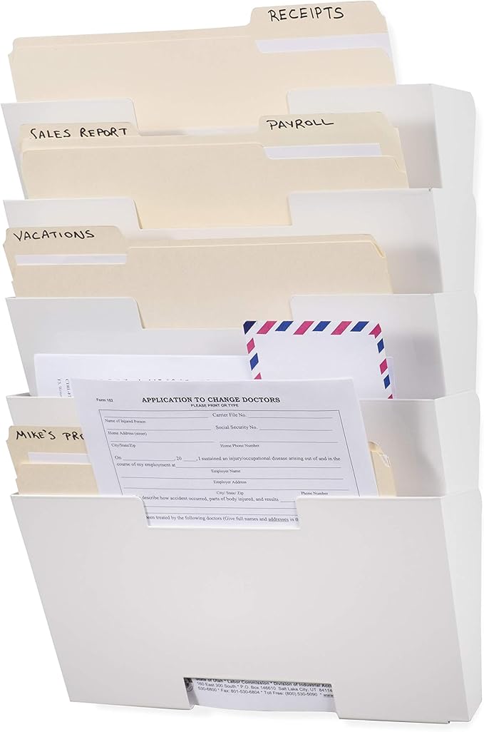 Wallniture Lisbon Metal Wall File Holder Organizer, Wall Mount File Holder, 5-Tier Office Decor and Magazine Holder, File Folders Letter Size White Rack