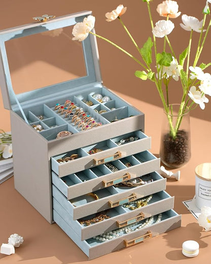 Vee Jewelry Box,6 LayerJewelry Organizer,Jewelry Case with Glass Lid,for Necklaces, Earrings, Watches, Bracelets (6 Levels Grey)