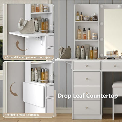 Vanity with Power Outlet, Vanity Desk with Mirror and 10 LED Lights, 10 Drawers Makeup Vanity with 6 Shelves, Fold-up Panel, Dressing Table for Bedroom, White