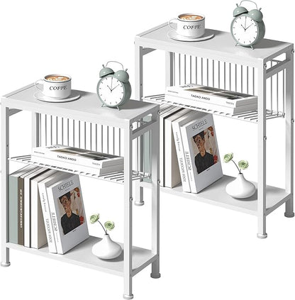 End Table Set of 2 for Small Space, 3-Tier Narrow Side Table with Magazine Holder,Small Nightstand, Skinny Snack Couch Table in Living Room, Bedroom Study and Balcony (White)
