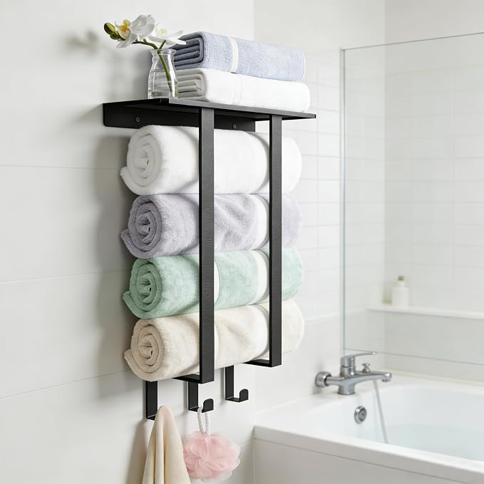 Roll Towel Racks for Bathroom, Bethom Small Wall Shelf with Hooks, Black | Stainless Steel Towel Racks for Bathroom, Wall Mounted with Shelf