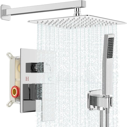 Shower Faucet Set Bathroom Square Rain Shower Head and Handle Set, Wall Mounted Shower Fixtures With Shower Valve and Trim Kit 10 inch Polished Chrom