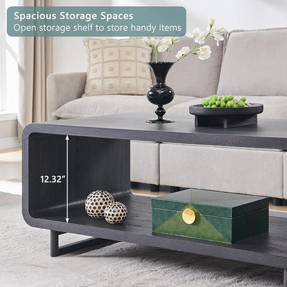 IFGET 48" Modern Coffee Table, 2-Tier Minimalist Center Table with Storage Shelf, Curved Profile Design, Wooden Rectangular Living Room Table w/Wood Thick Design for Living Room, Office, Dark Grey