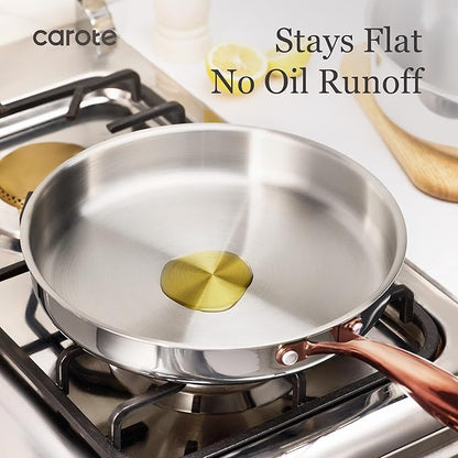 CAROTE 10" Tri-Ply Stainless Steel Frying Pan, Non-Toxic Fry Pan Egg Pan Omelet Pans, Oven Safe, Induction, Ceramic and Gas Cooktops Compatible, Polished Silver