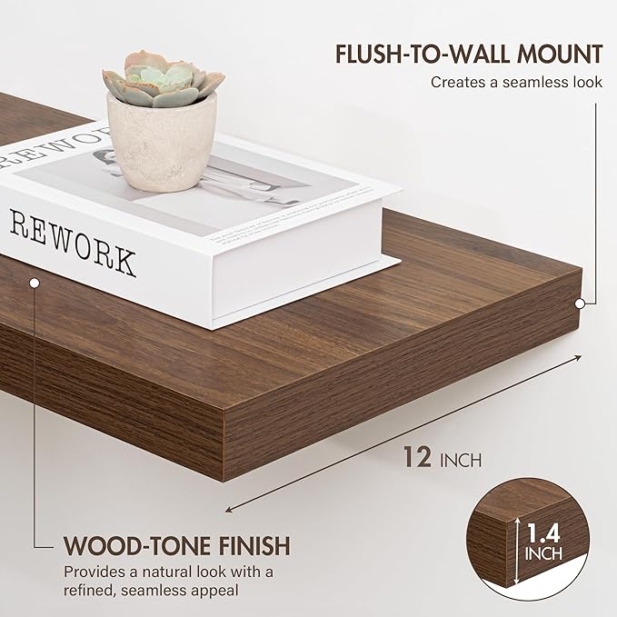 Acovy 12 Inch Floating Shelves, 12" Deep Floating Shelf Wall Mounted, 12" Wall Shelves, Rustic Deep Bookshelf, Extra Deeper Display Shelves & Storage Shelves for Bedroom, Living Room, Set of 3