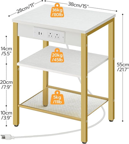 HOOBRO Side Table with Charging Station and USB Port, Small End Table for Small Space, 3-Tier Nightstand with Adjustable Shelf, for Living Room, Bedroom and Balcony, White and Gold DW112BZ01G1