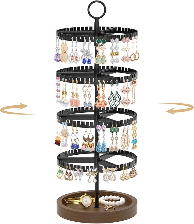 MODOWEY 4 Tier Rotating Earring Holder Organizer Display Tree with Wooden Tray, Adjustable Plastic Stand with 228 Slots for Stud Hoop Hanger, Large Capacity Storage Rack for Women Space Saving, Black