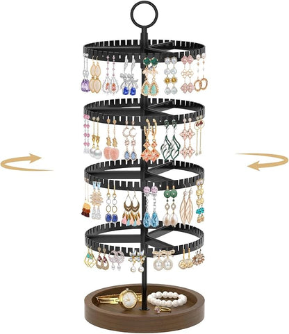 MODOWEY 4 Tier Rotating Earring Holder Organizer Display Tree with Wooden Tray, Adjustable Plastic Stand with 228 Slots for Stud Hoop Hanger, Large Capacity Storage Rack for Women Space Saving, Black