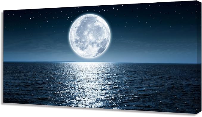 Aibonnly Wall Art Canvas Print Moon Sea Ocean Landscape 1 Panels Full moon Picture Painting Framed and Stretched Ready to Hang for Living Room Bedroom Office Home Decor Artwork 30x60inch