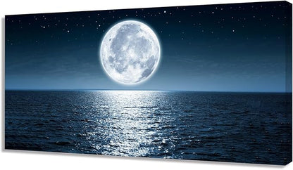 Aibonnly Wall Art Canvas Print Moon Sea Ocean Landscape 1 Panels Full moon Picture Painting Framed and Stretched Ready to Hang for Living Room Bedroom Office Home Decor Artwork 24x48inch