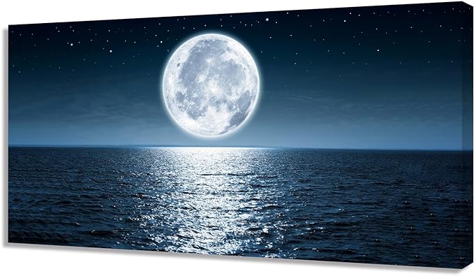 Wall Art Canvas Print Moon Sea Ocean Landscape 1 Panels Full Moon Picture Painting Framed and Stretched Ready to Hang for Living Room Bedroom Office Home Decor Artwork