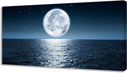 Wall Art Canvas Print Moon Sea Ocean Landscape 1 Panels Full Moon Picture Painting Framed and Stretched Ready to Hang for Living Room Bedroom Office Home Decor Artwork