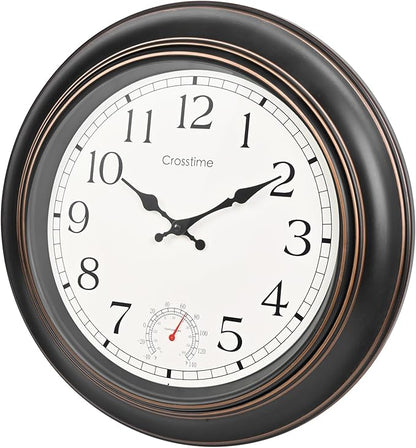 Large Outdoor Clock Waterproof 18" - Retro Indoor Outdoor Wall Clocks with Thermometer for Patio Pool Garden Living Room Decor,Bronze