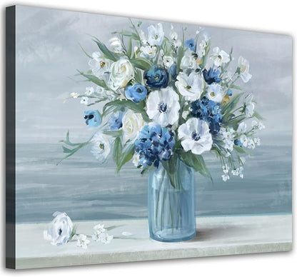 arteWOODS Vintage Flowers Canvas Wall Art Blue White Blossom Painting Retro Flowers in Vase Pictures Blue Ocean Seagull Background Artwork Prints for Bathroom Bedroom Wall Decor 28" X 20"