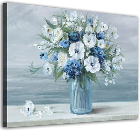 arteWOODS Vintage Flowers Canvas Wall Art Blue White Blossom Painting Retro Flowers in Vase Pictures Blue Ocean Seagull Background Artwork Prints for Bathroom Bedroom Wall Decor 28" X 20"