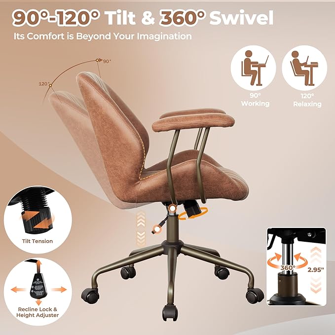 ovios Home Office Chair, Mid-Century Modern Faux Suede Leather Ergonomic Chairs, Mid Back Comfy Computer Swivel Rolling Task Executive Armchair, Brown