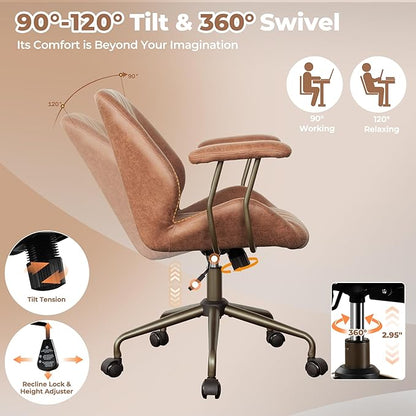 ovios Home Office Chair, Mid-Century Modern Faux Suede Leather Ergonomic Chairs, Mid Back Comfy Computer Swivel Rolling Task Executive Armchair, Brown