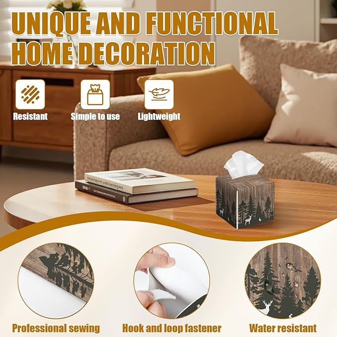 Deer Forest Wood Grain Tissue Box Cover 2PCS, Leather Tissue Box Holder Square Facial Paper Case Tissue Box Cube Organizer for Bathroom Bedroom Desk Office