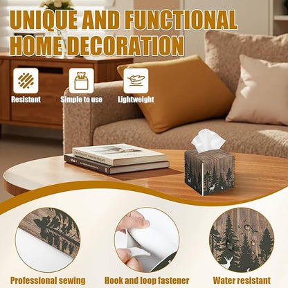 Deer Forest Wood Grain Tissue Box Cover 2PCS, Leather Tissue Box Holder Square Facial Paper Case Tissue Box Cube Organizer for Bathroom Bedroom Desk Office