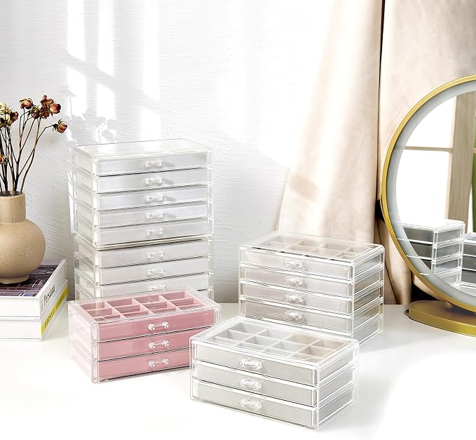 ProCase Earring Holder Organizer Jewelry Box with 3 Drawers, Acrylic Clear Earring Case with Adjustable Velvet Trays for Women - Pink, 3 Layers