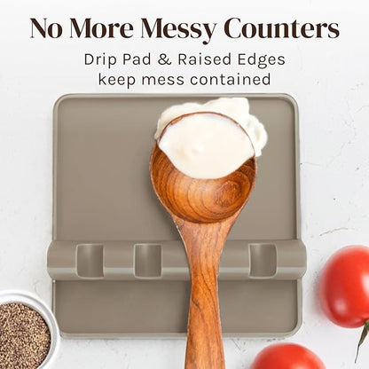 Cooler Kitchen Cream Silicone Spoon Rest for Stove Top with Drip Pad (Two Pack) - Heat-Resistant, BPA-Free Utensil Rest & Spoon Holder for Kitchen Counter - Grill Utensil Holder for Spatulas