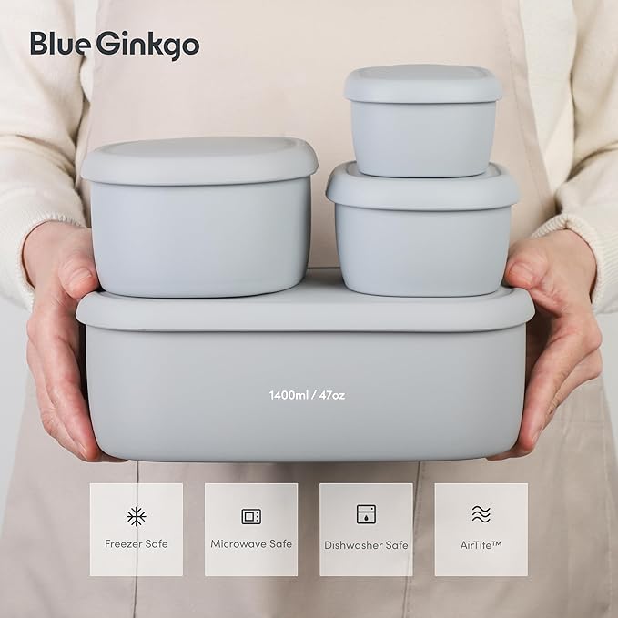 BLUE GINKGO Nesting Silicone Containers - Large Silicone Food Storage Container | BPA Free, Airtight, Dishwasher and Freezer Safe (47.5 oz) - Grey