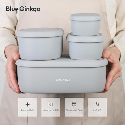 BLUE GINKGO Nesting Silicone Containers - Large Silicone Food Storage Container | BPA Free, Airtight, Dishwasher and Freezer Safe (47.5 oz) - Grey