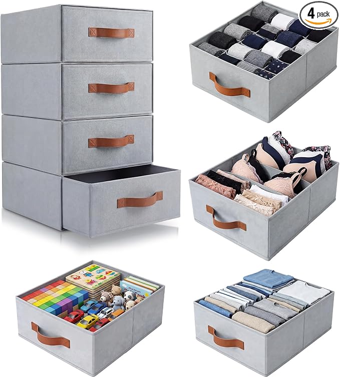 Windyun 4 in 1 Stackable Storage Drawers Closet Organizer with Dividers for Socks Underwear Bras Scarves Ties Large Dresser Organizer Bins Foldable Clothes Storage Boxes, 12 x 15 x 6 Inch(Gray)
