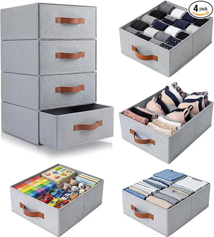 Windyun 4 in 1 Stackable Storage Drawers Closet Organizer with Dividers for Socks Underwear Bras Scarves Ties Large Dresser Organizer Bins Foldable Clothes Storage Boxes, 12 x 15 x 6 Inch(Gray)