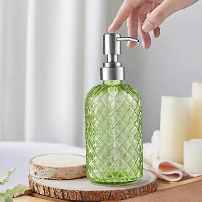 14 Oz Refillable Glass Soap Dispenser with Rust Proof Stainless Steel Pump, for Dispense Hand soap, Body wash, Lotion 2pack (Green)