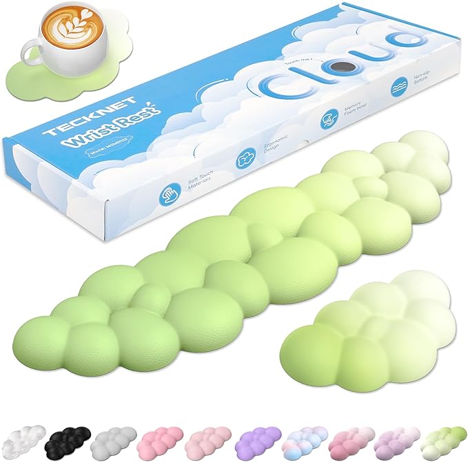 TECKNET Cloud Keyboard Wrist Rest Set, Cloud Wrist Rest with Non-Slip Base, PU Leather Wrist Pad for Keyboard with Ergonomic Memory Foam for Computer Laptop Office Gaming & Pain Relief, Gradient Green