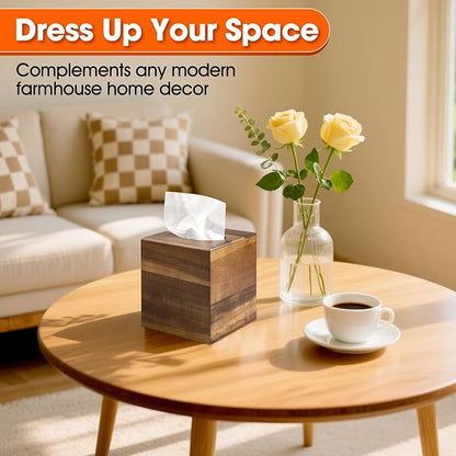 6 Pack Wooden Tissue Box Cover Bulk Square - Acacia Wood Tissue Box Holder for Tabletop Stands Bathroom Office- Decorative Facial Wood Tissue Box Cover for Modern Farmhouse Decor-Standard Walnut Color