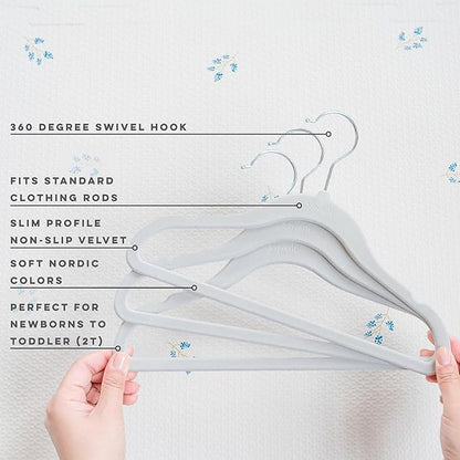 3 Sprouts Velvet Baby Hangers - Non-Slip Hanger for Infant, Toddler, Baby Clothes - Closet Kids Hangers with Slim Design, Nordic Colors, Pack of 30 - Gray