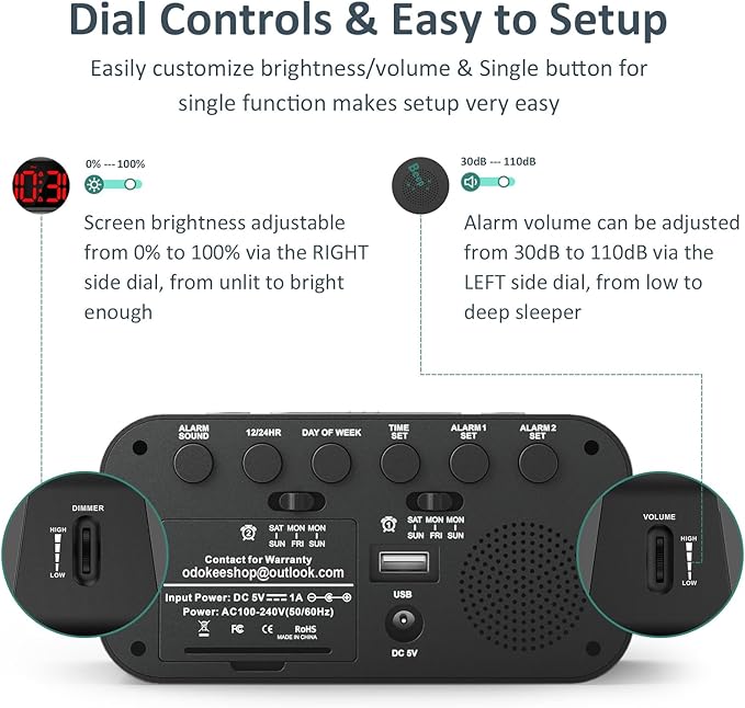Digital Dual Alarm Clock for Bedroom, Easy to Set, 0-100% Dimmer, USB Charger, 5 Sounds Adjustable Volume, Weekday/Weekend Mode, Snooze, 12/24Hr, Battery Backup, Compact Clock for Bedside(Red)