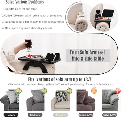 Nnewvante Couch Cup Holder,3 in 1 Large 15.36"x9.85" Bamboo Couch Arm Table Sofa Arm Clip on TV Tray Table with 360°Rotated Phone/Cup Holder, Black