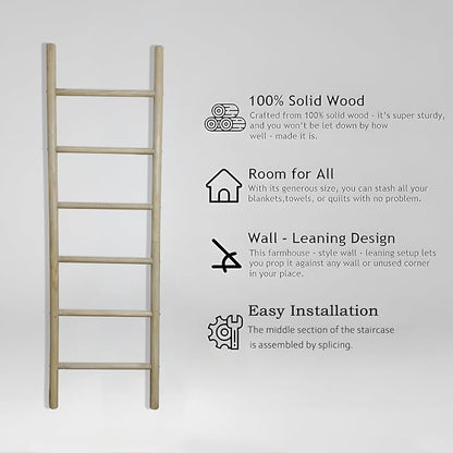 Wooden Blanket Ladder -77x24in Natural & Motley Wood - Leaning Wall Decor for Bedroom, Bathroom, Living Room - Rustic Quilt Holder & Towel Rack (77x24in | Knock Down,Light Wood Color)