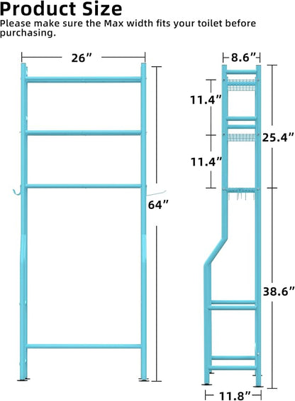 Livilord 3-Tier Over The Toilet Storage, Freestanding Metal Bathroom Shelves with 4 Hooks, Over Toilet Storage Shelf with Paper Holder, Above The Toilet Shelf for Bathroom Storage, Blue