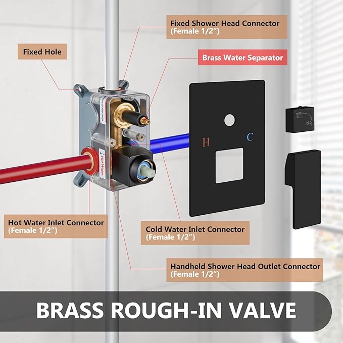 Shower Faucet Set Rainfall Shower System with Square Showerhead and Handle Set Fixture with 2 in 1 Function Handheld Sprayer Wall Mounted Trim Repair Kit Rough-in Valve 12 Inch Matte Black