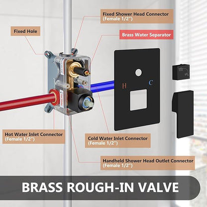 Shower Faucet Set Rainfall Shower System with Square Showerhead and Handle Set Fixture with 2 in 1 Function Handheld Sprayer Wall Mounted Trim Repair Kit Rough-in Valve 12 Inch Matte Black
