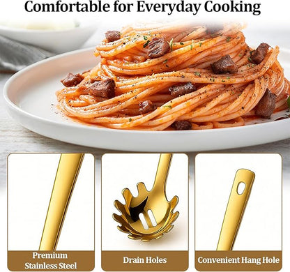 Stainless Steel Pasta Spoon with Teeth Pasta Server & Spaghetti Spoon with Drain Holes for Noodles, Pasta, Cooking & Serving (Gold)