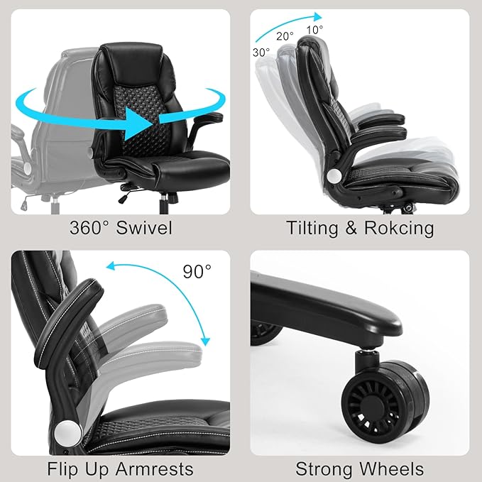 Big and Tall Office Chair, Executive Comeputer Desk Chair Ergonomic Home Office Chair with Adjustable Lumbar Support, Tilt Lock, PU Leather, Swivel Rolling Chair (PU-Black)