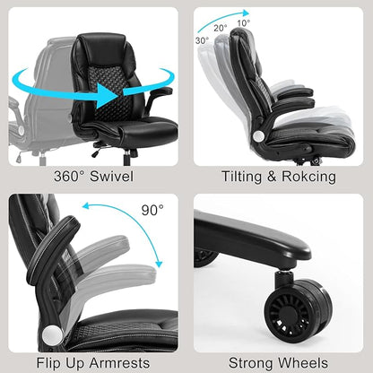 Big and Tall Office Chair, Executive Comeputer Desk Chair Ergonomic Home Office Chair with Adjustable Lumbar Support, Tilt Lock, PU Leather, Swivel Rolling Chair (PU-Black)
