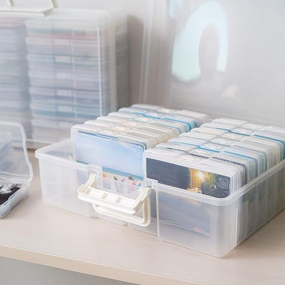 IRIS USA 4" x 6" Photo Storage Box Craft Keeper, Transparent Handle Container with 16 Organization Holder Cases for Pictures, Tasks, Scrapbooking, Ephemera, Stationery Storage, Clear