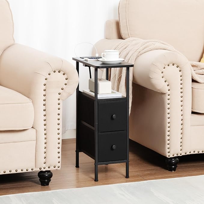Narrow Nightstand with Charging Station, End Tables Living Room Set of 2, Skinny Side Table with Fabric Drawers, Slim Sofa Table for Bedroom, Small Spaces, Couch, Black, HETNDP02BK